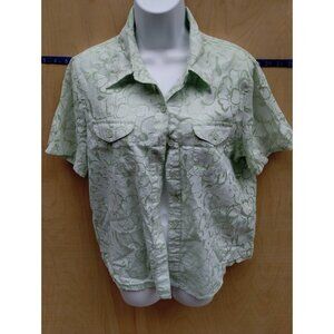 Womens Sheer Floral Button-Up Short Sleeve Shirt Size 12 Green Alfred Dunner